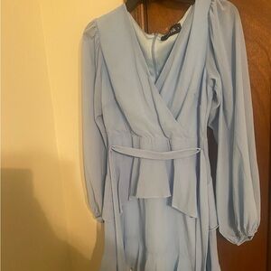 Blue Pleated Wrap Sundress with Bishop Sleeves